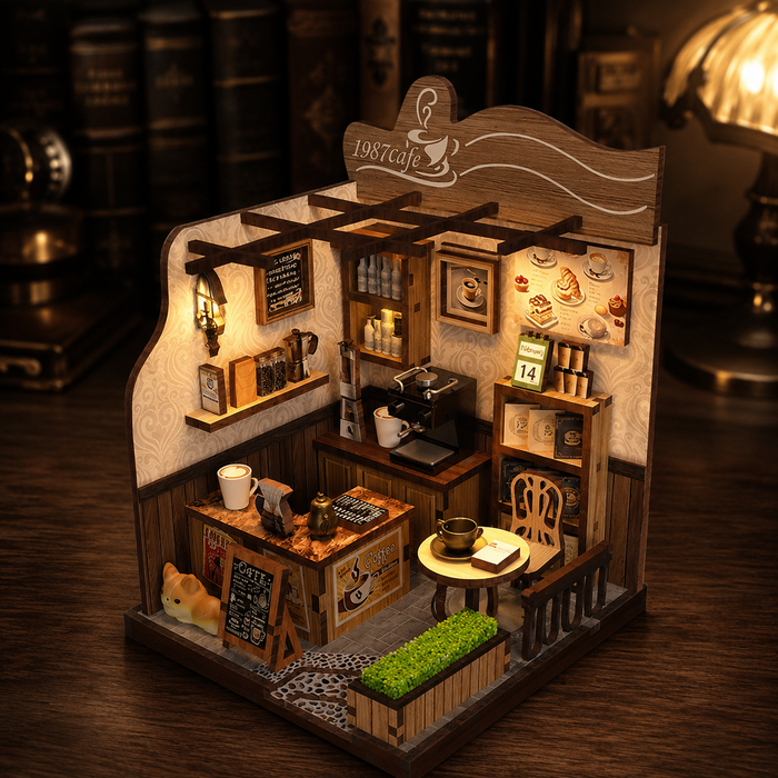 The Amber Corner Café DIY Miniature Kit – illuminated finished miniature scene