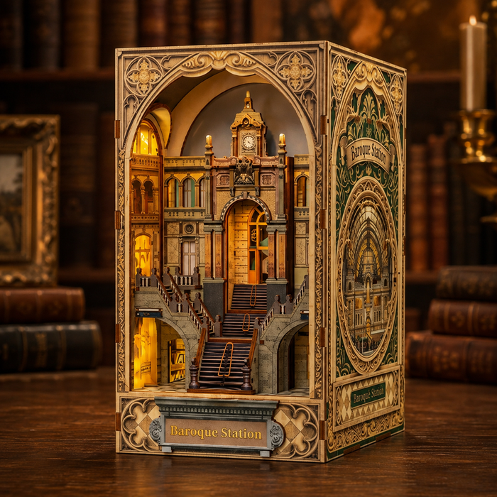 The Grand Baroque Station Book Nook Kit – illuminated finished miniature scene