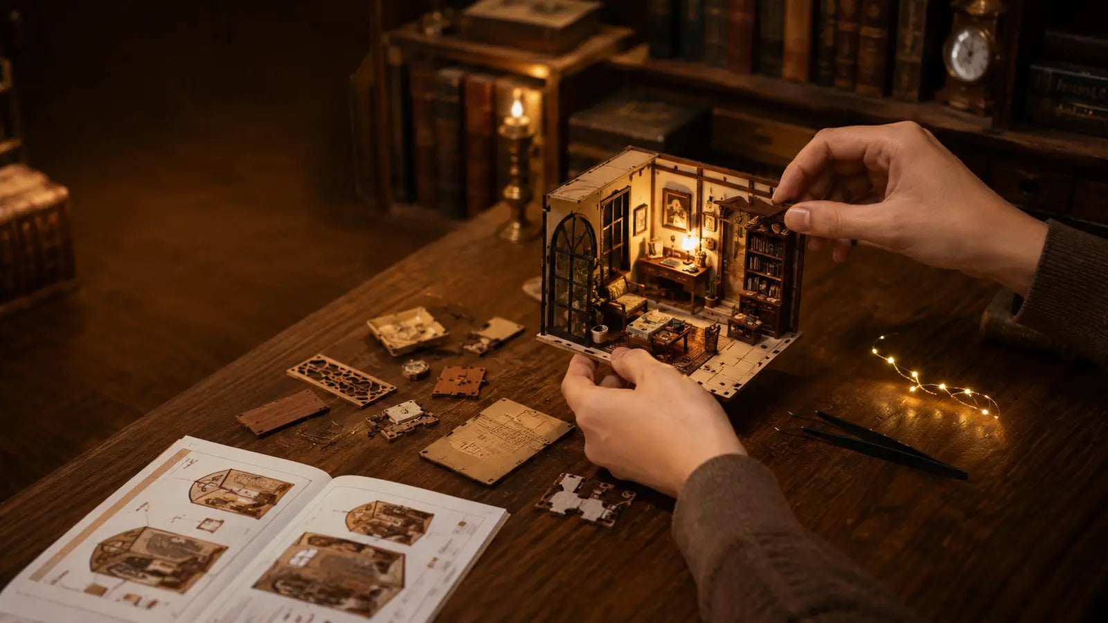 Hands assembling an ELYORA DIY miniature kit